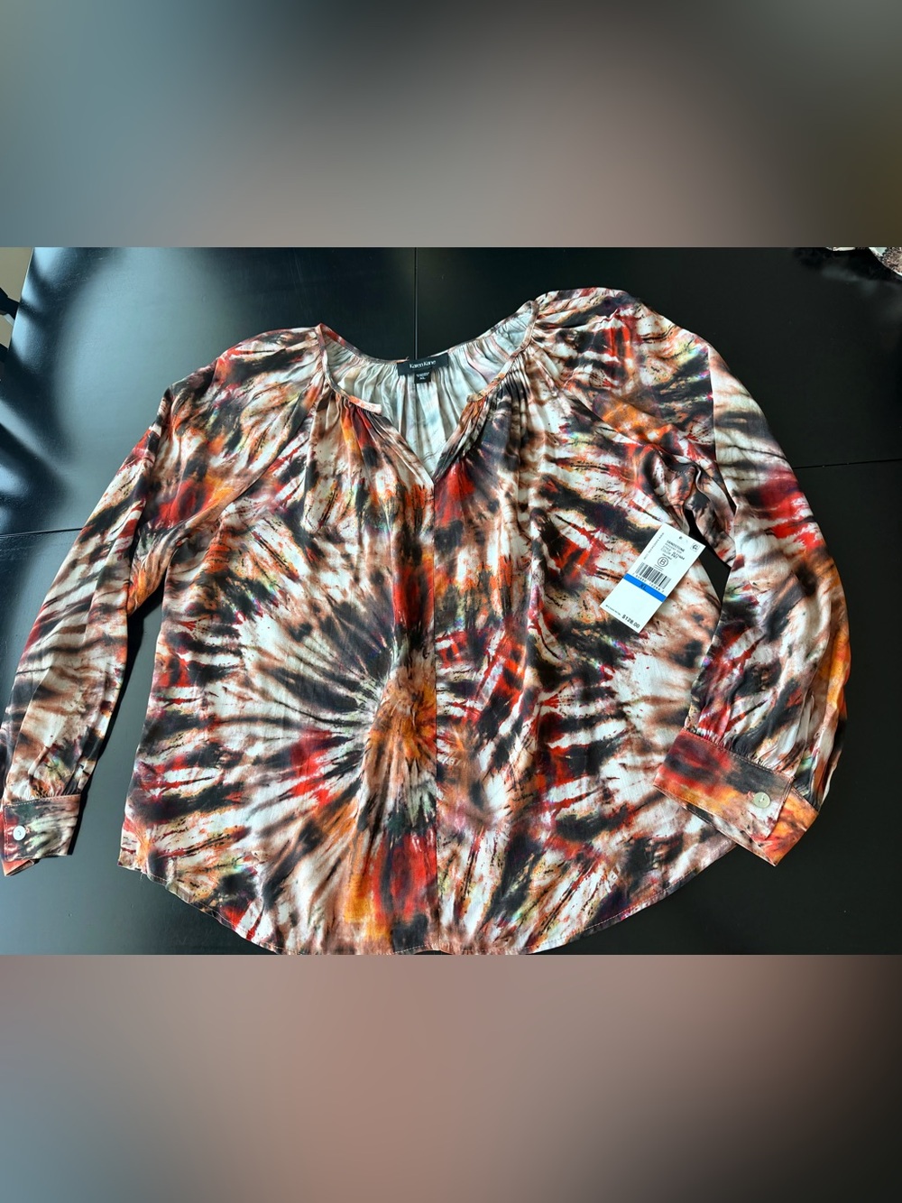 Karen Kane Multicolor Tie-Dye V-Neck peasant top Blouse in Rust, Black & Cream